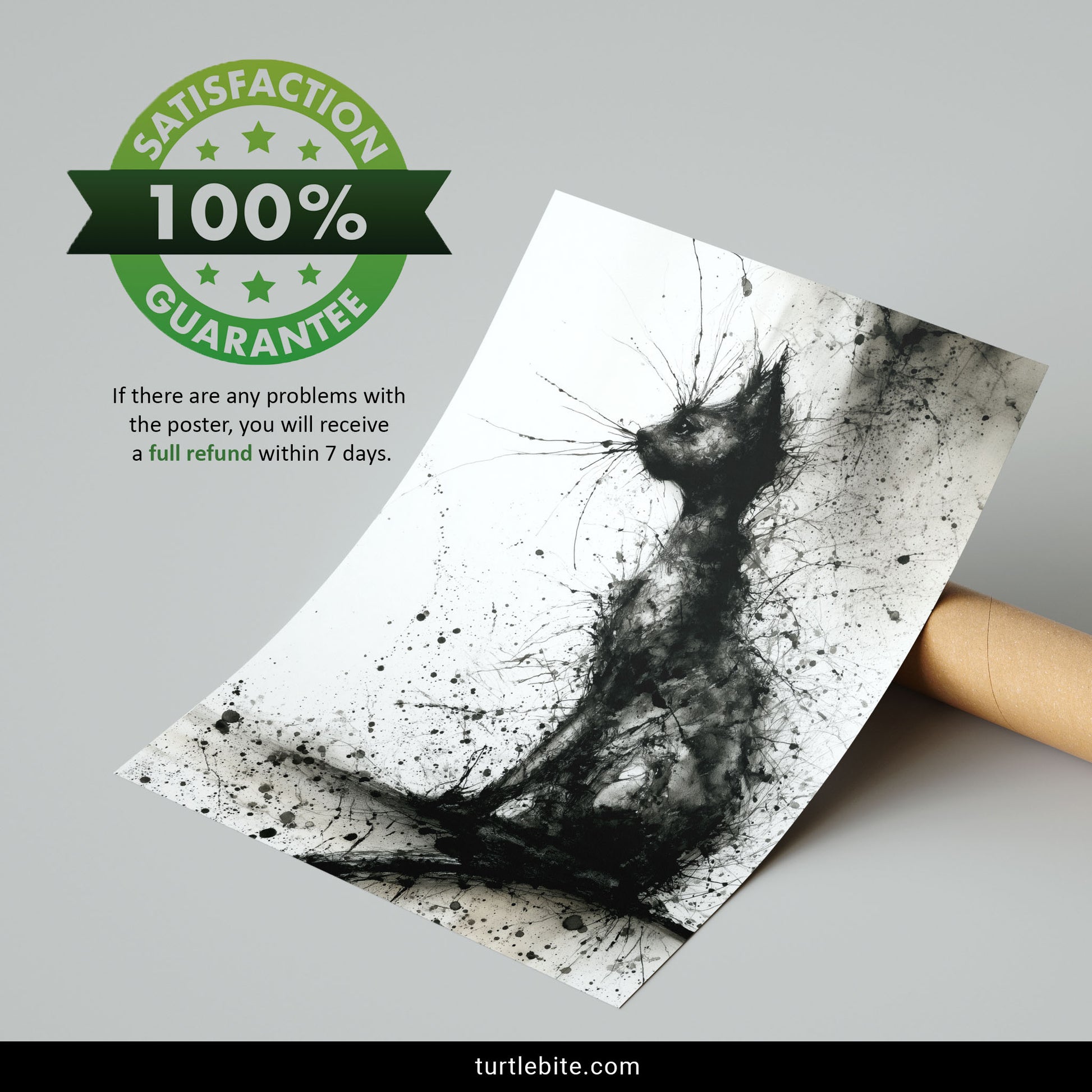 Gothic cat wall art featuring abstract watercolor ink splatters in monochrome