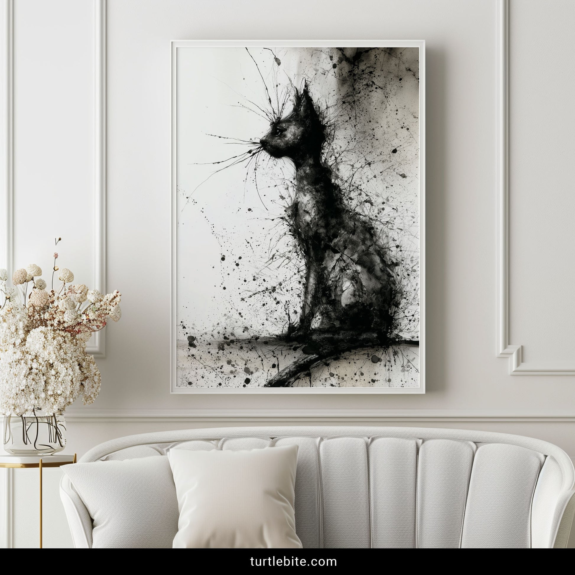 Dark moody cat poster with grunge splatter paint aesthetic for alternative decor
