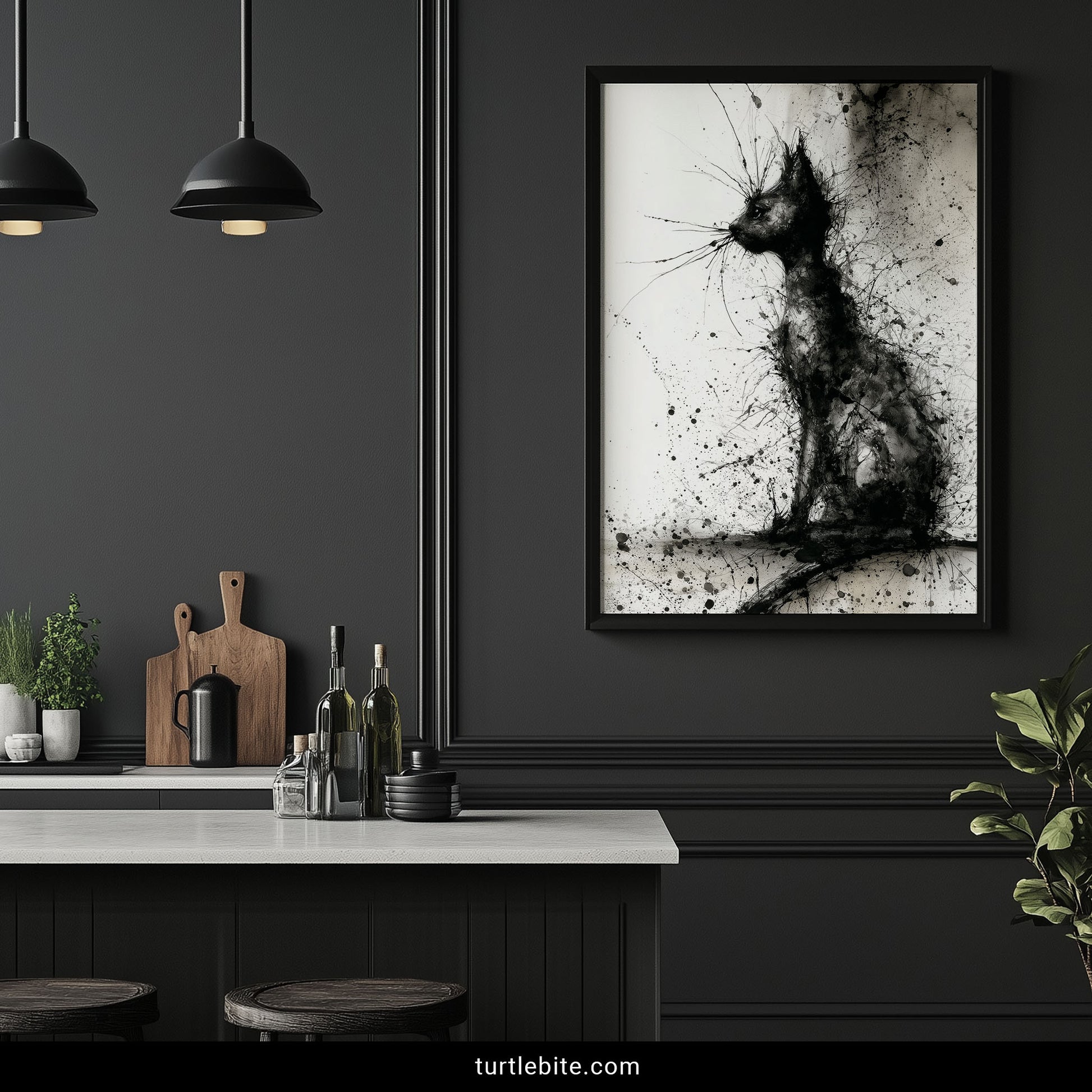 Abstract black cat artwork with dramatic ink splashes and textured details