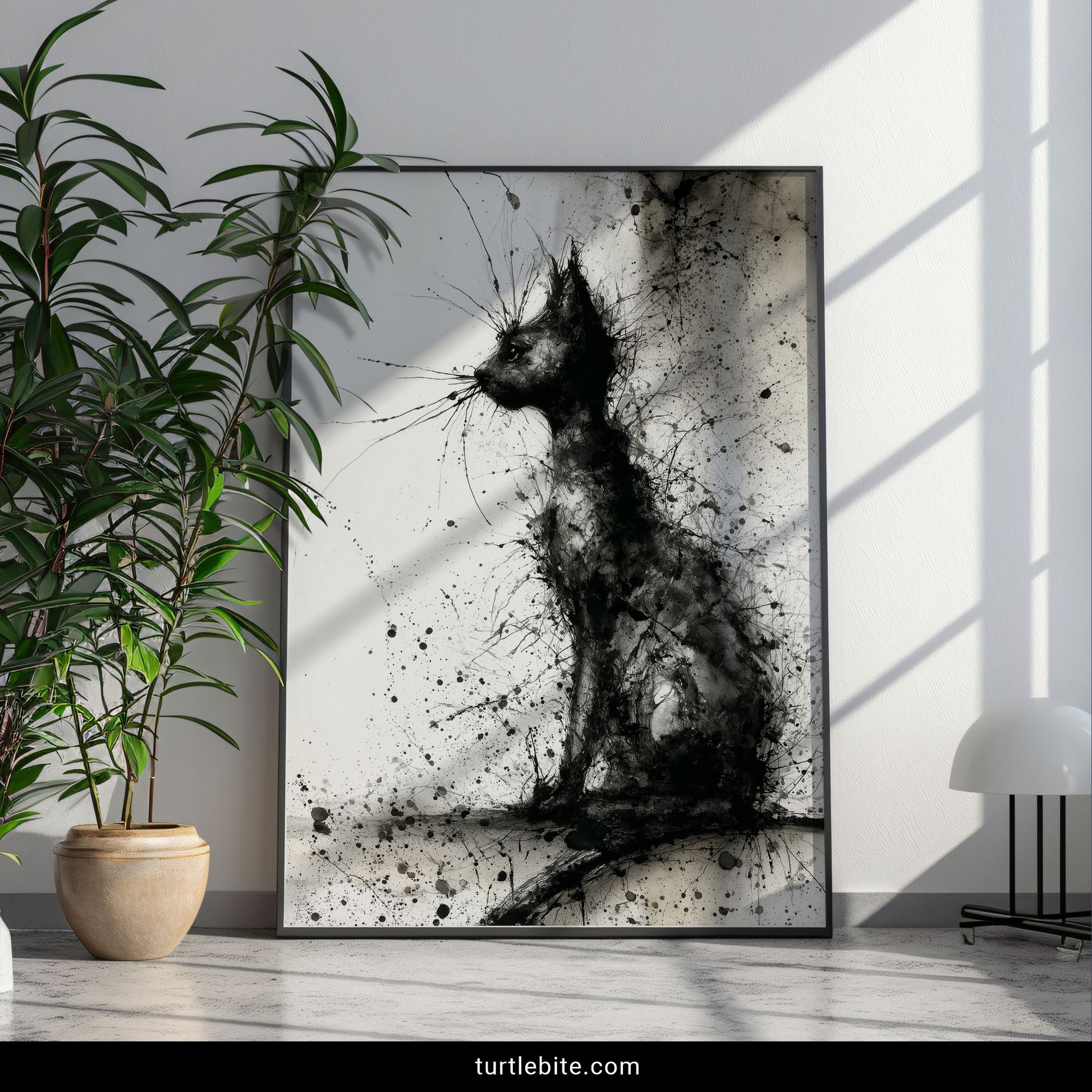 Dark moody cat poster with grunge splatter paint aesthetic for alternative decor