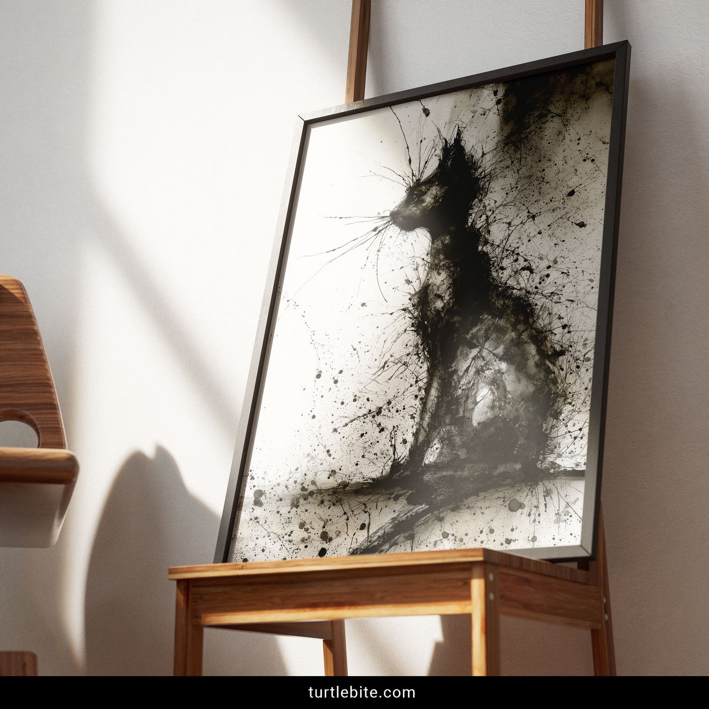 Abstract black cat artwork with dramatic ink splashes and textured details
