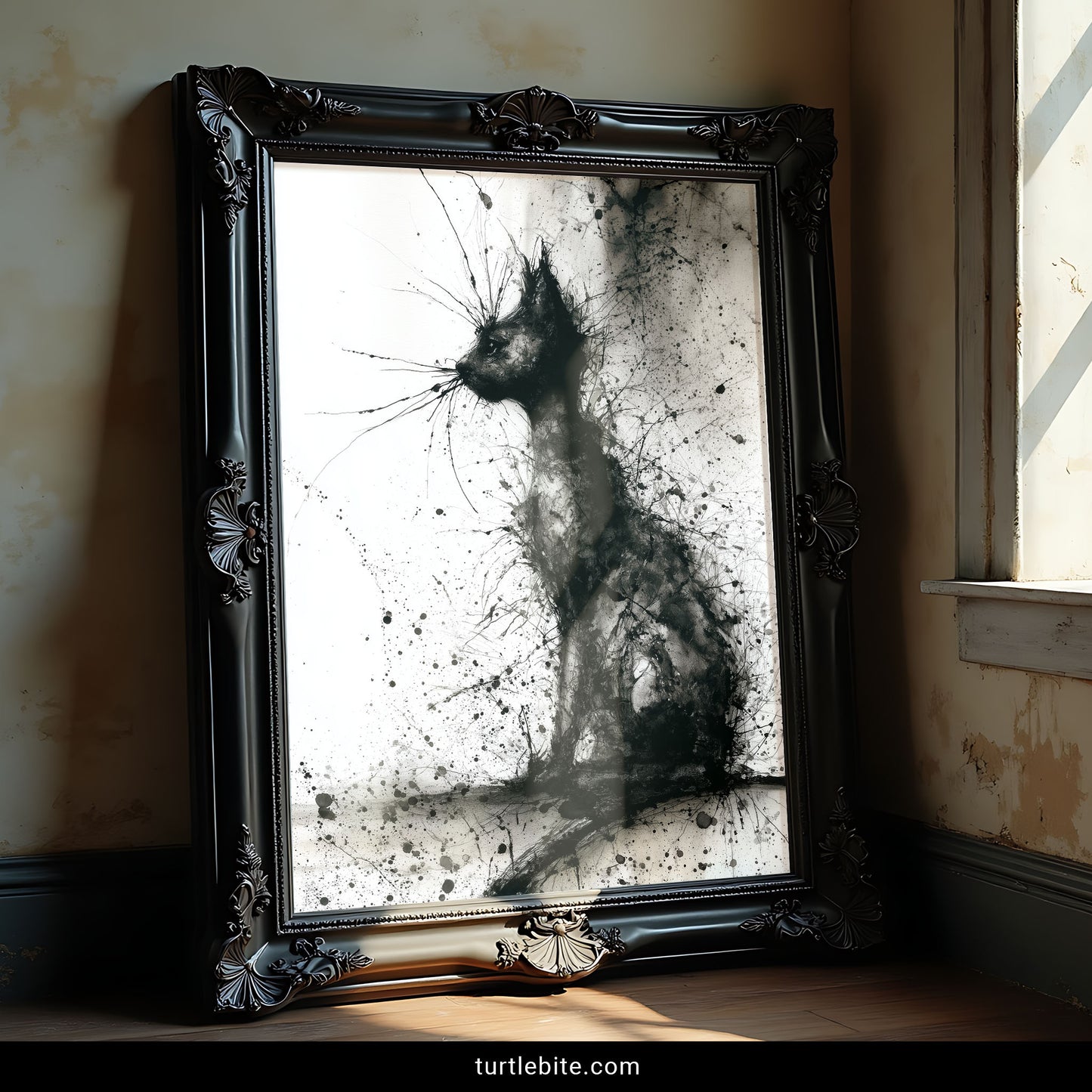 Gothic cat wall art featuring abstract watercolor ink splatters in monochrome