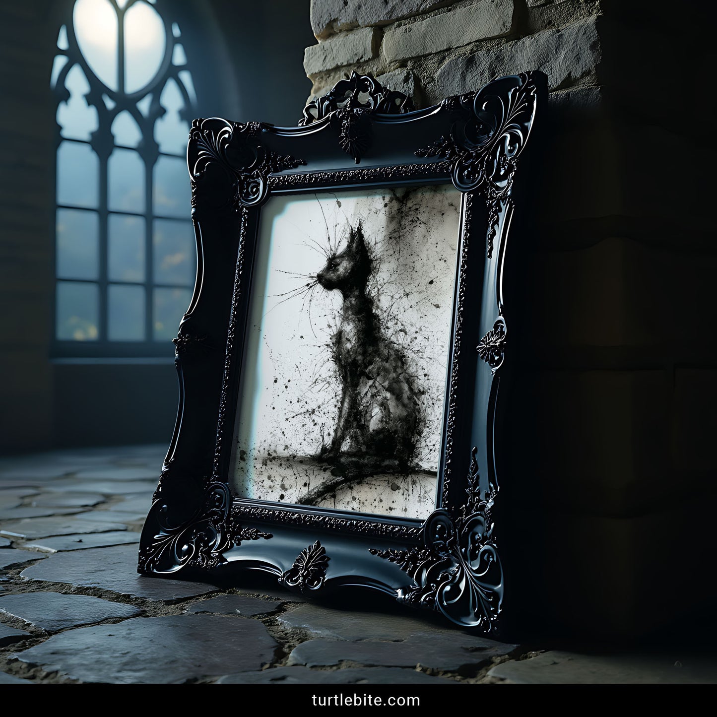 Gothic cat wall art featuring abstract watercolor ink splatters in monochrome