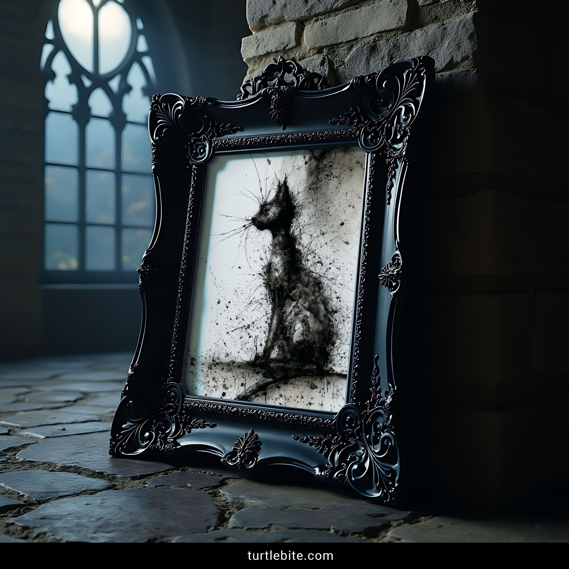 Gothic cat wall art featuring abstract watercolor ink splatters in monochrome