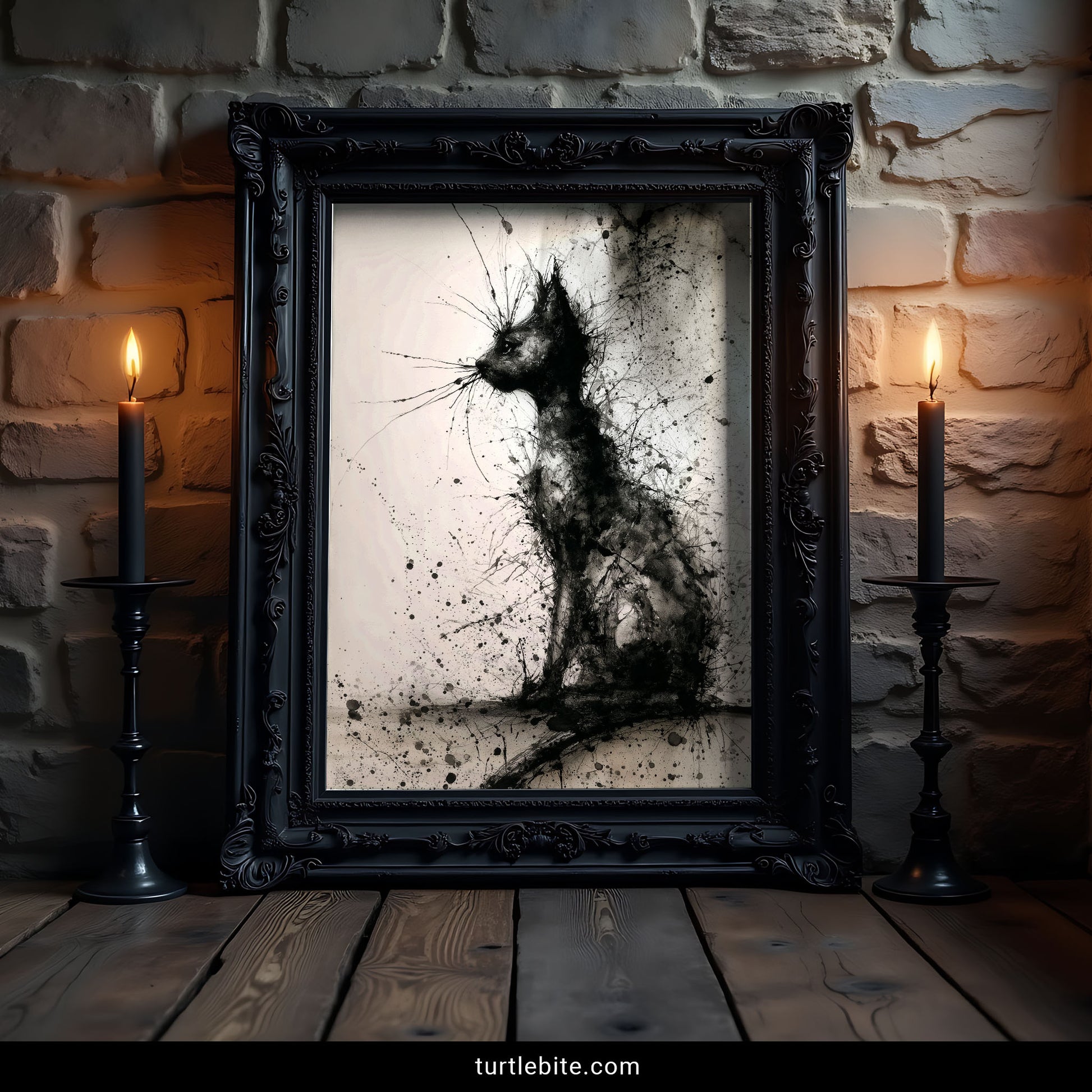 Abstract black cat artwork with dramatic ink splashes and textured details