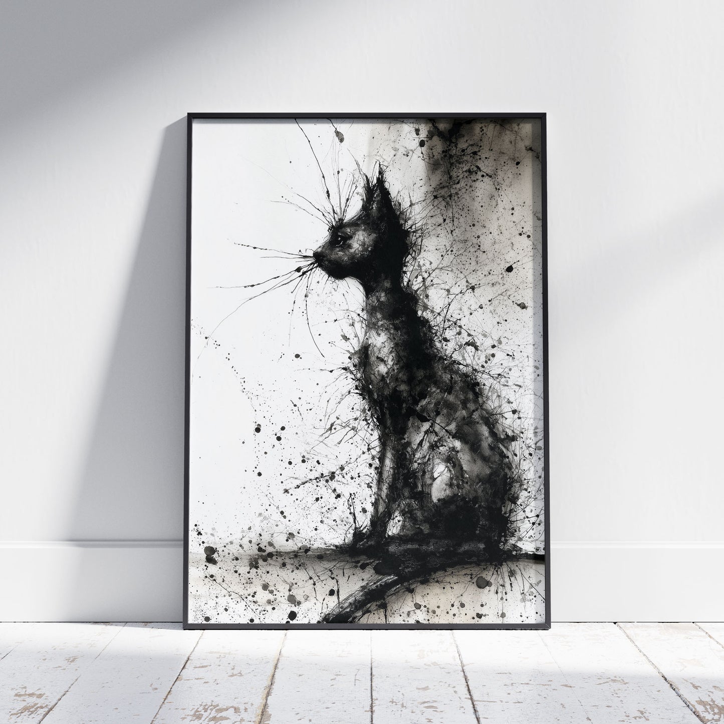 Black cat splatter art print with explosive ink technique on white background