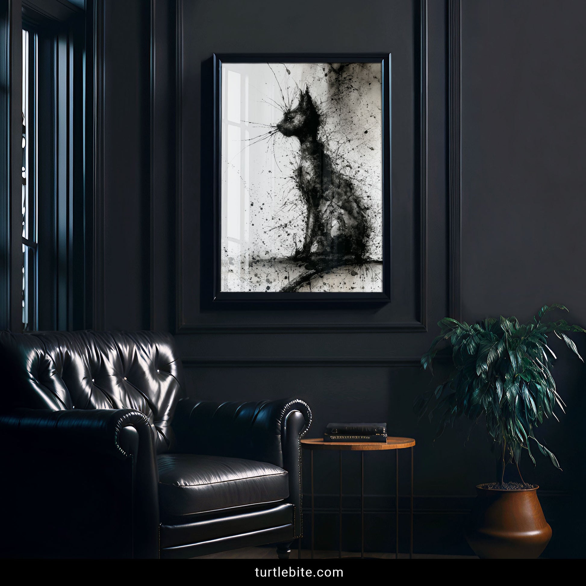 Abstract black cat artwork with dramatic ink splashes and textured details