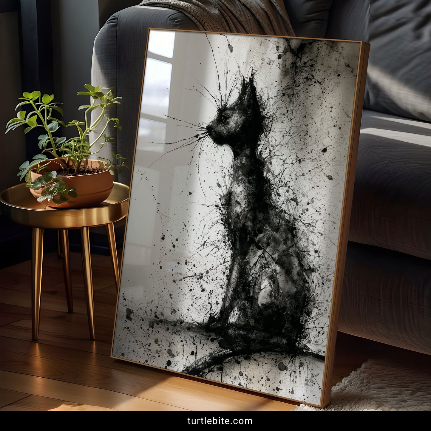 Gothic cat wall art featuring abstract watercolor ink splatters in monochrome