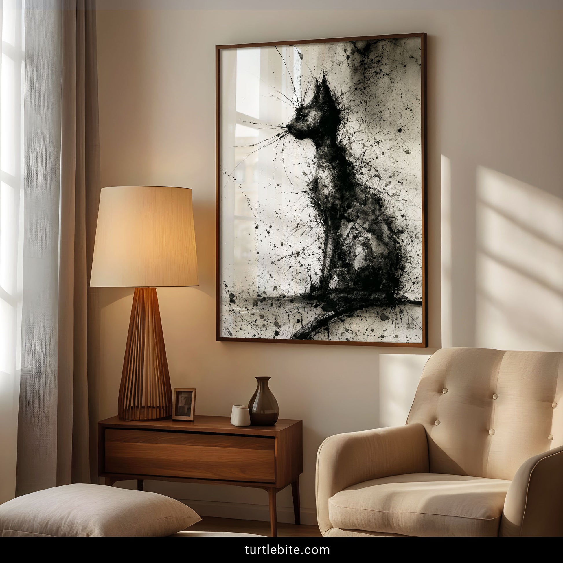 Black cat splatter art print with explosive ink technique on white background