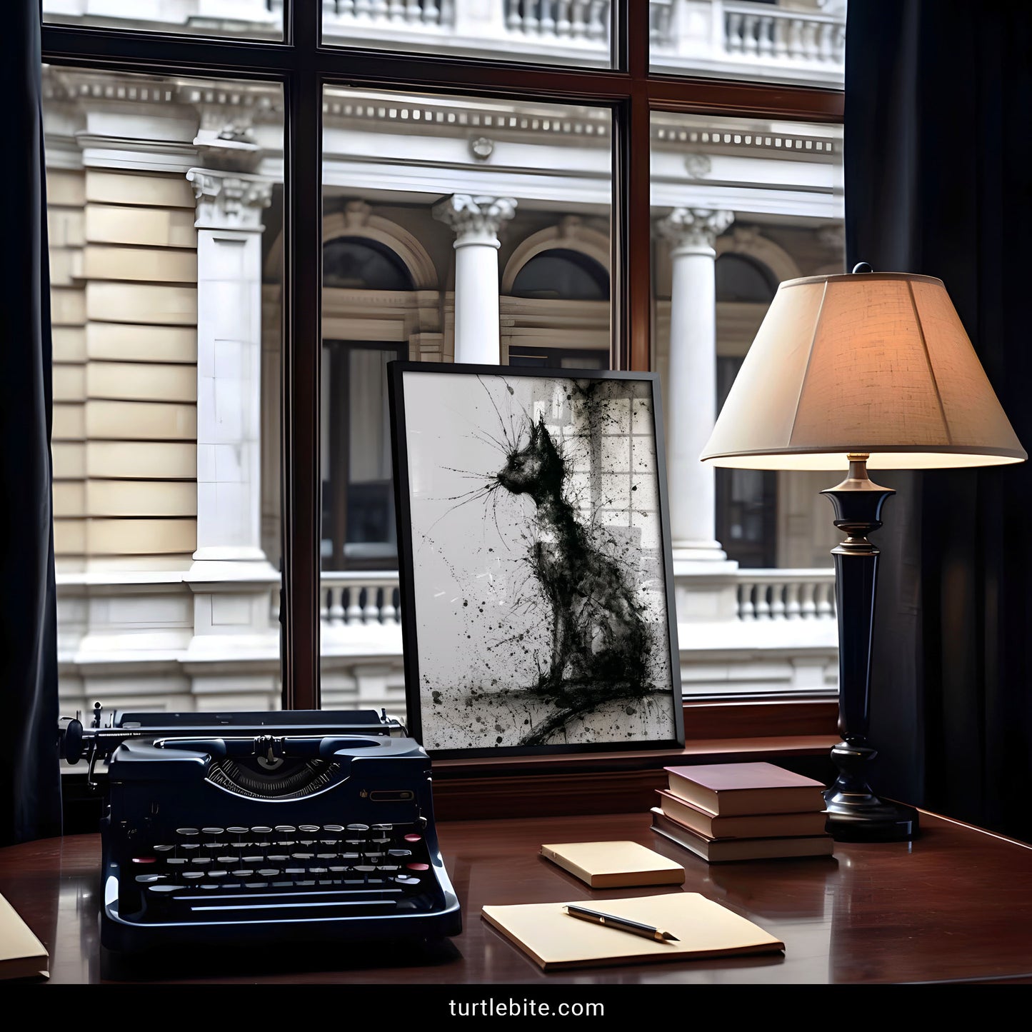 Edgy feline art print in black and white splatter style for gothic home