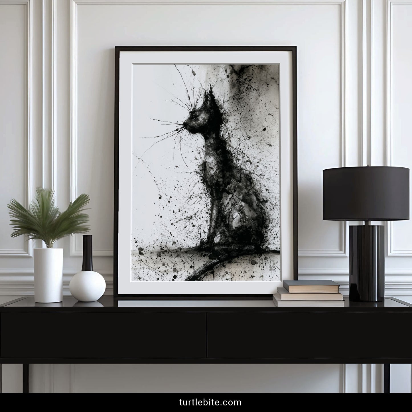 Black cat splatter art print with explosive ink technique on white background