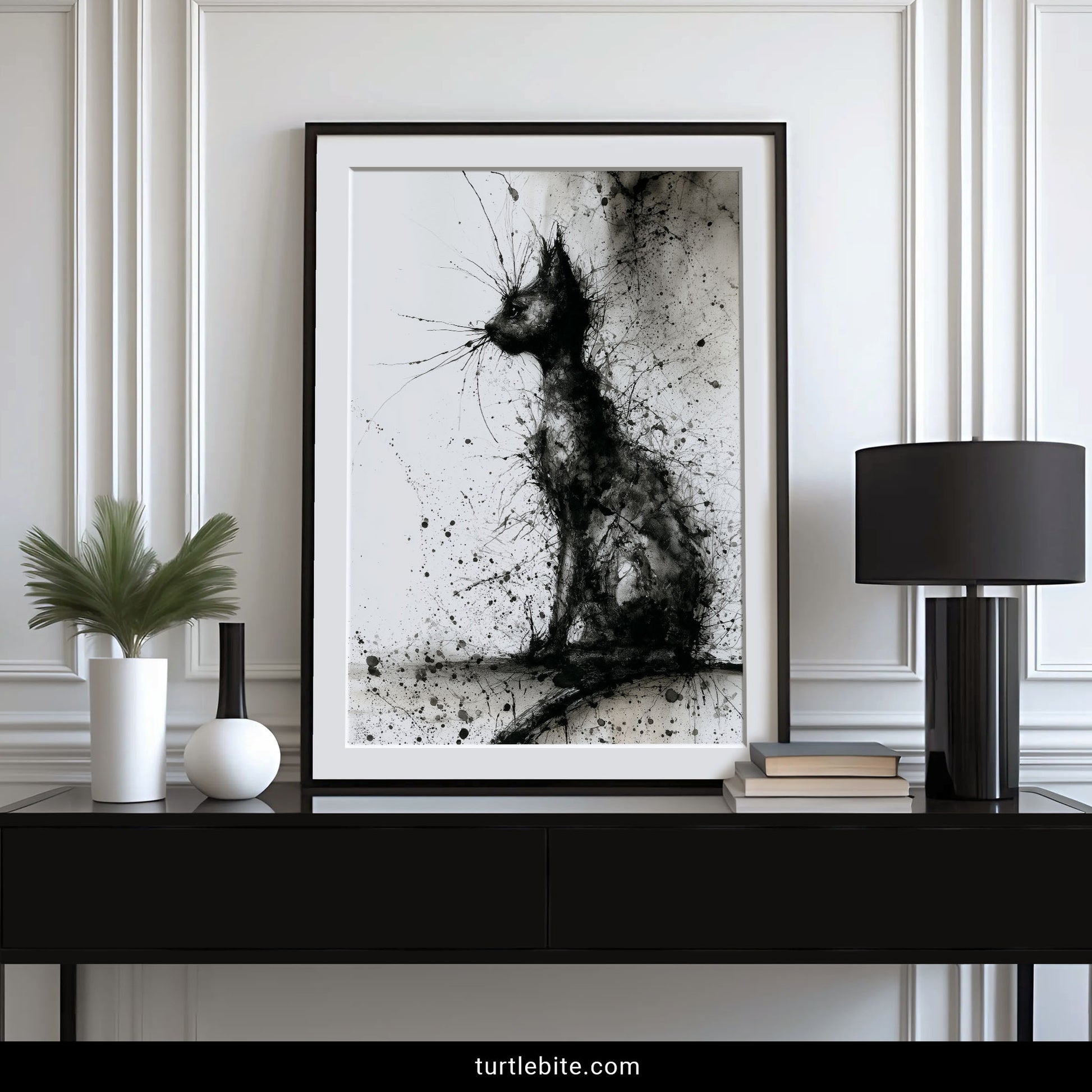 Black cat splatter art print with explosive ink technique on white background