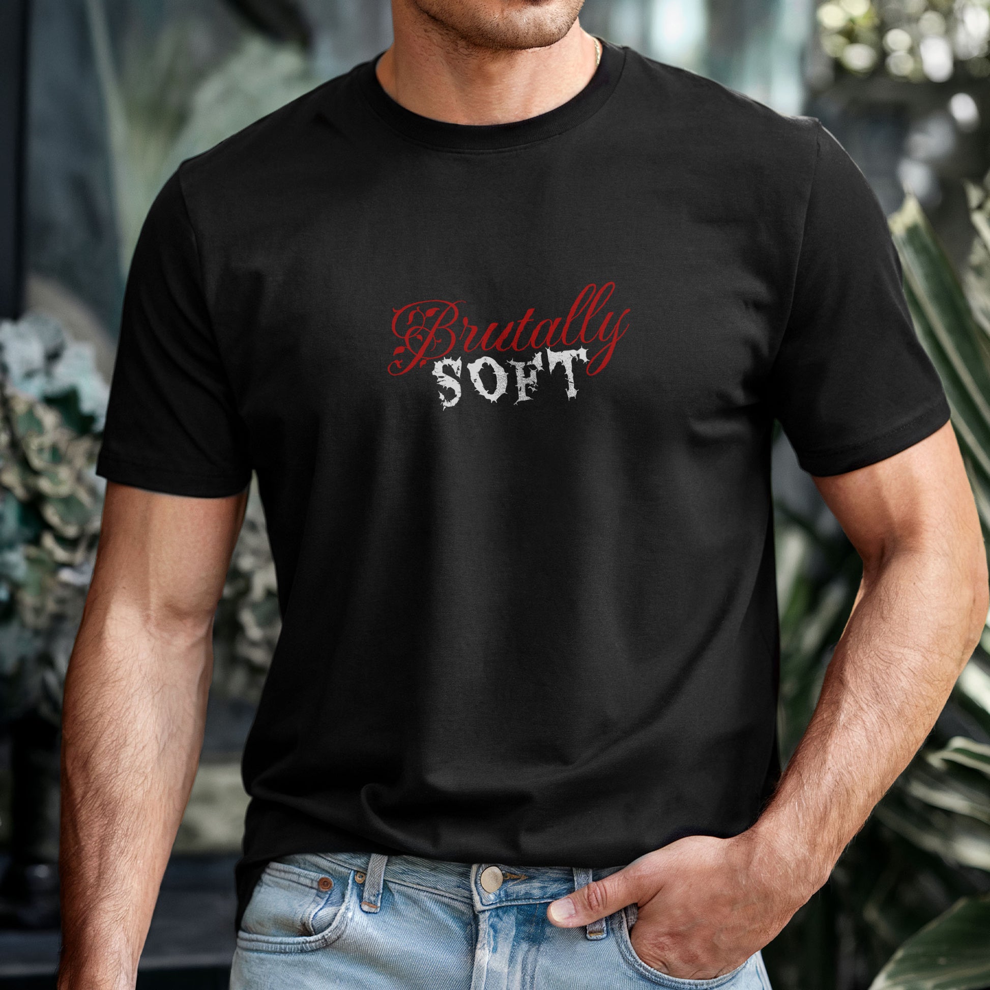 Dark humor graphic tee showing elegant script and distressed lettering contradiction