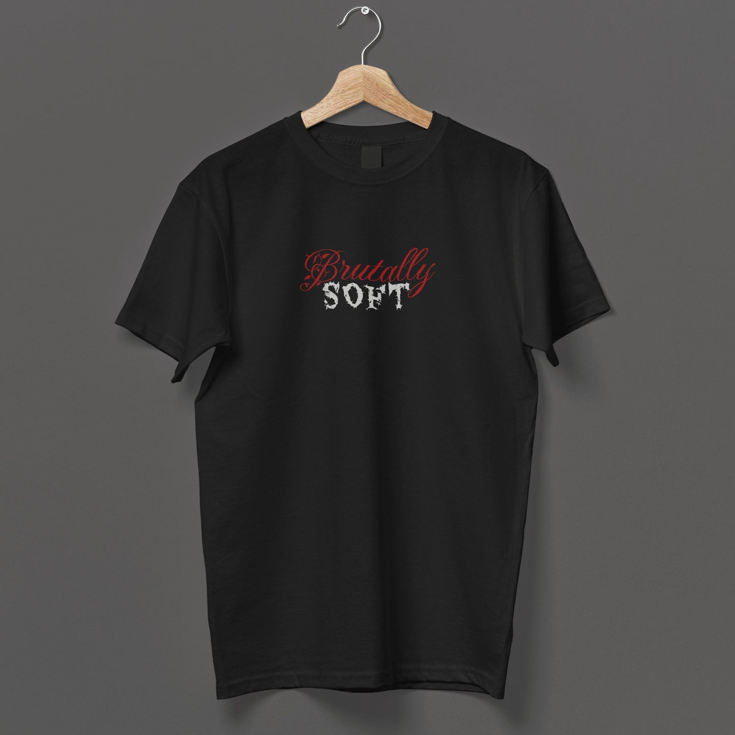 Gothic style t-shirt displaying visual oxymoron typography art in red and white
