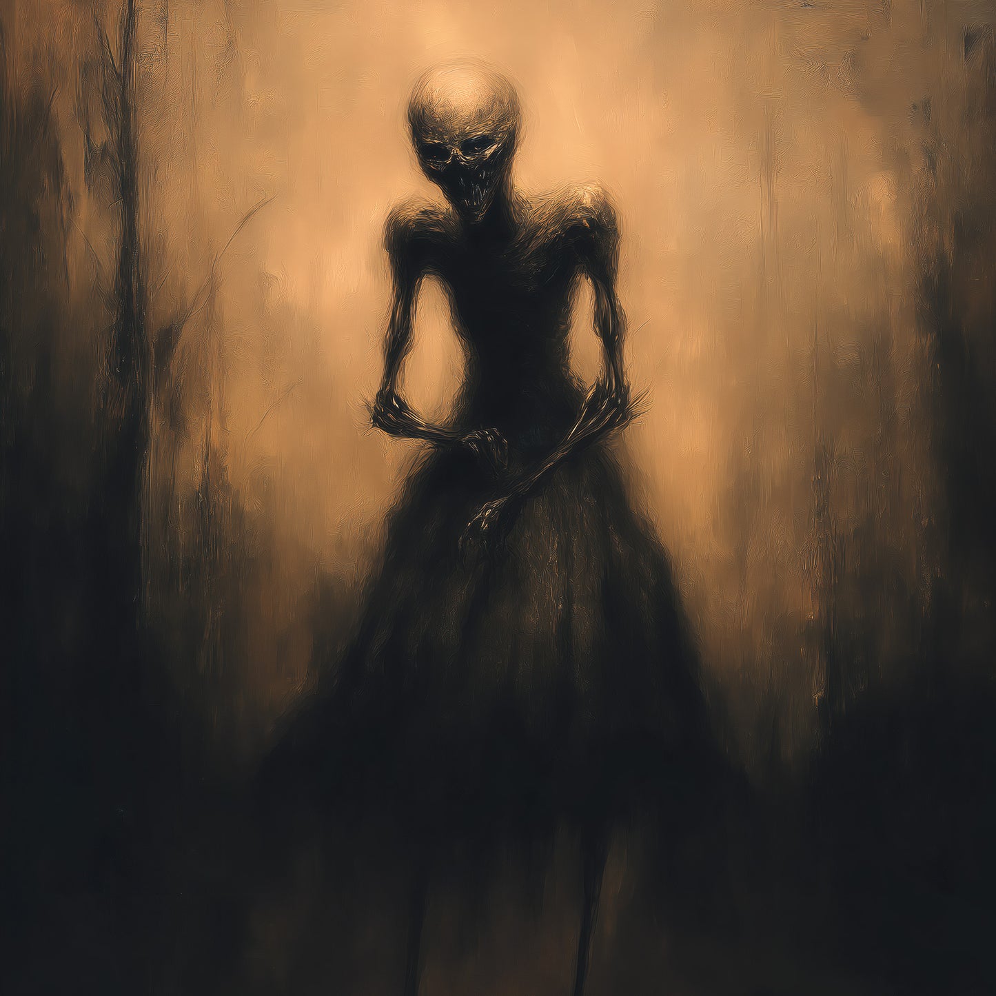 Gothic skeleton woman in Victorian black dress standing in golden-lit corridor dark art print