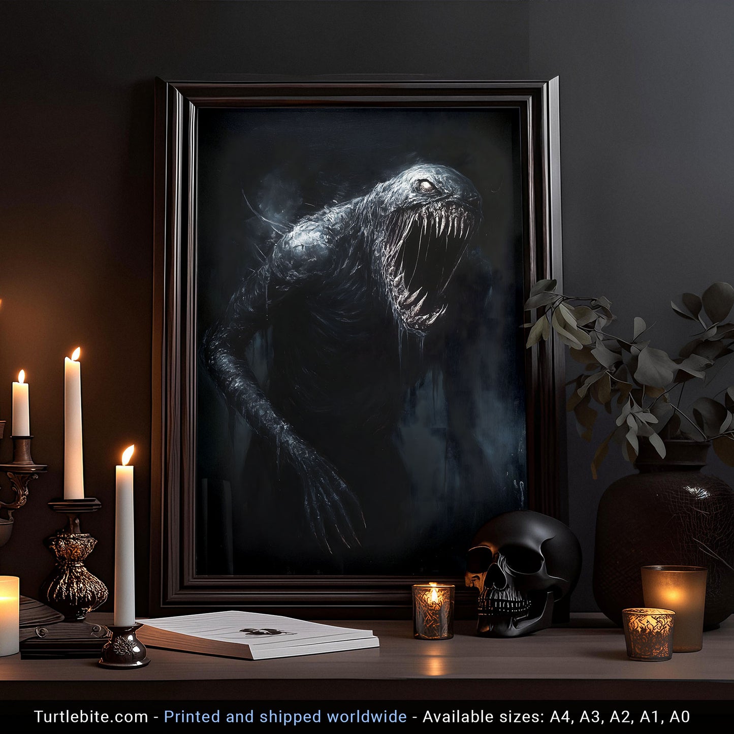 Chilling Teeth-Baring Ghoul Oil Painting Poster for Creepy Decor - Bizarre Dark Monster Artwork Print