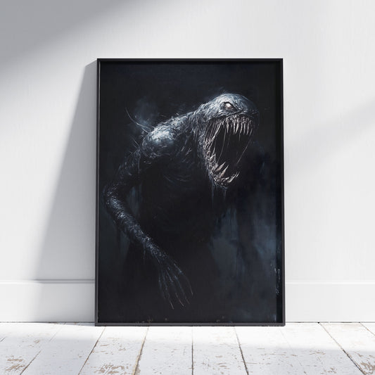 Chilling Teeth-Baring Ghoul Oil Painting Poster for Creepy Decor - Bizarre Dark Monster Artwork Print