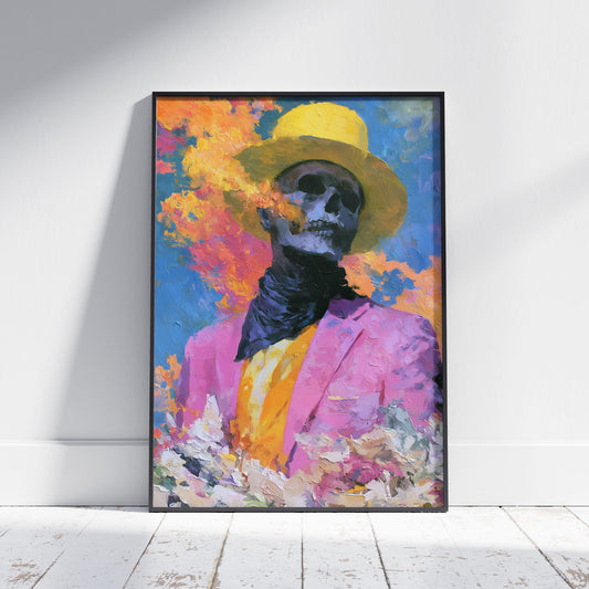 Colorful skull art print – dapper skeleton in pink blazer and yellow hat with floral impressionist background
