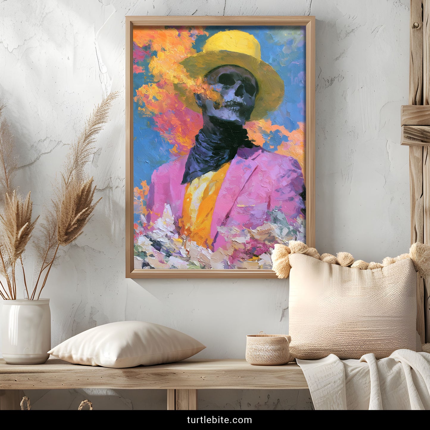 Colorful skull art print – dapper skeleton in pink blazer and yellow hat with floral impressionist background