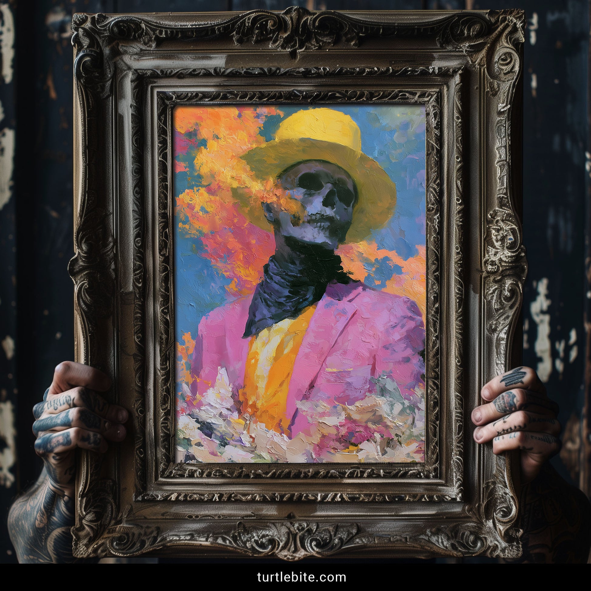 Bold gothic skull painting poster – skeleton portrait in pink suit with orange and blue blooms