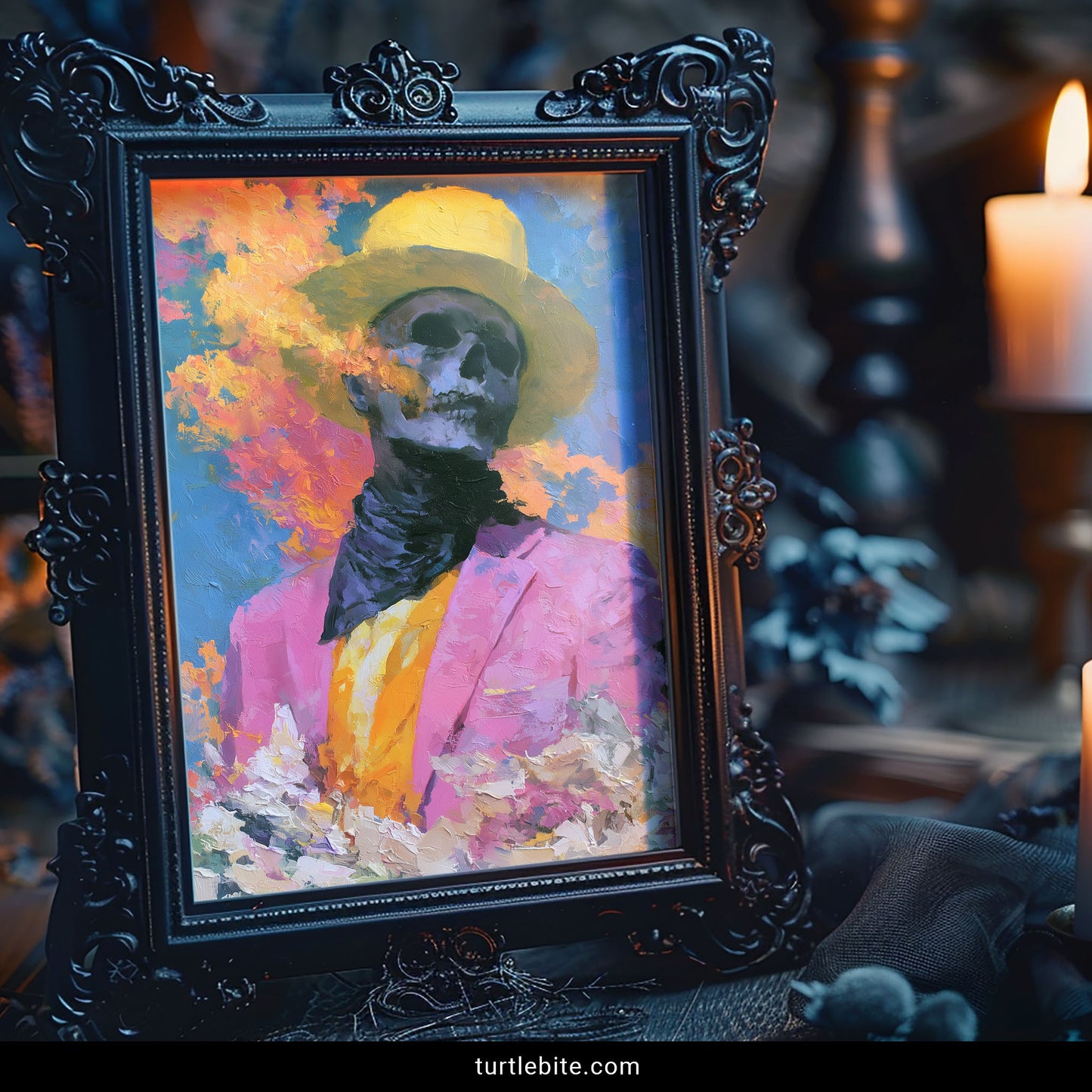 Dark humor wall art – well-dressed skeleton with top hat in vibrant oil painting style