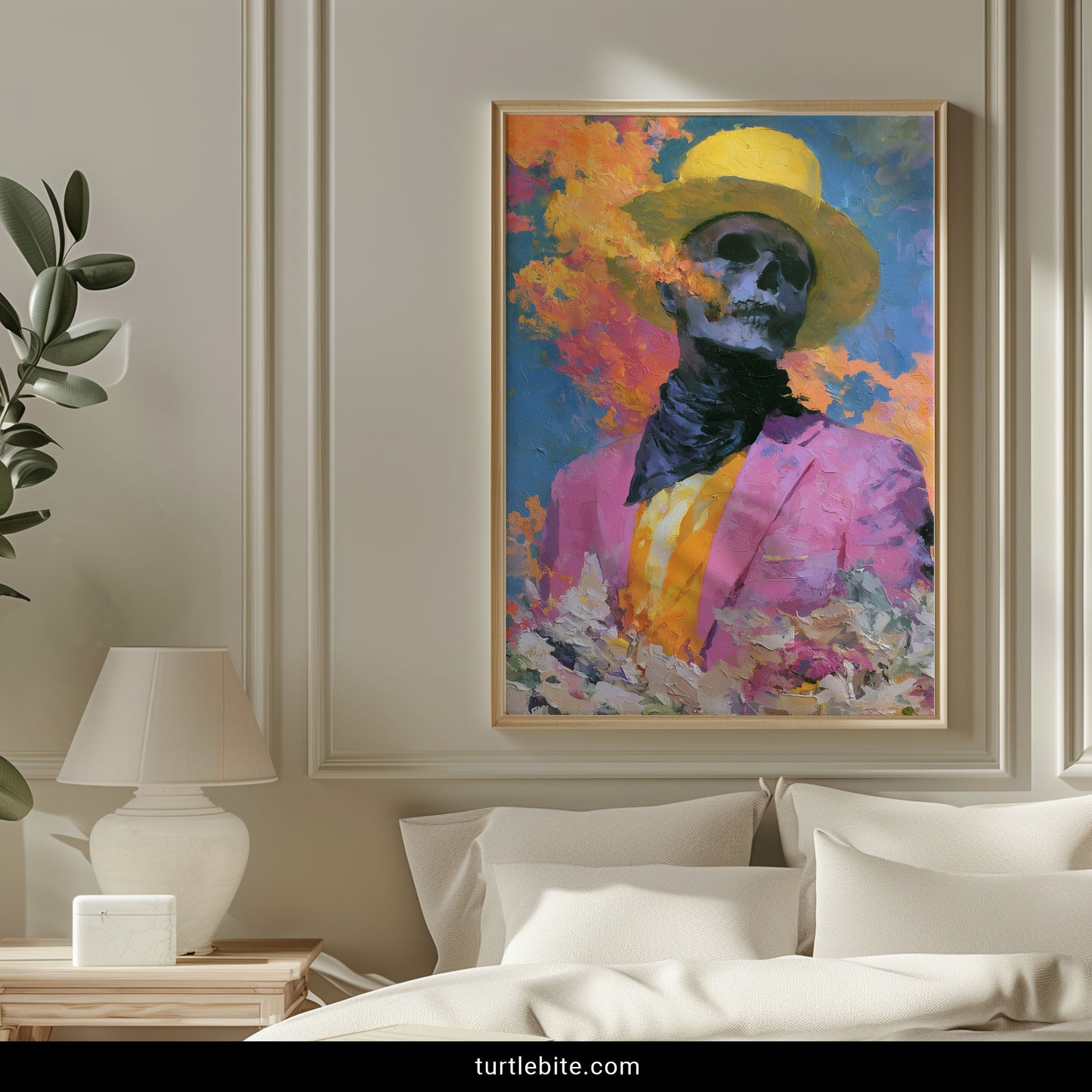 Bold gothic skull painting poster – skeleton portrait in pink suit with orange and blue blooms