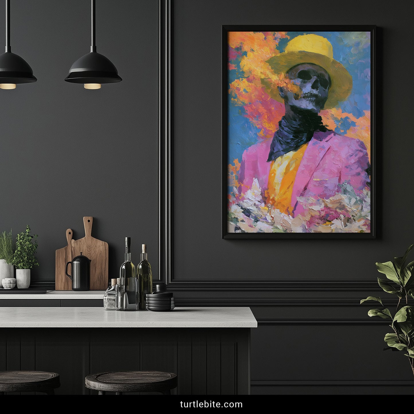Bold gothic skull painting poster – skeleton portrait in pink suit with orange and blue blooms