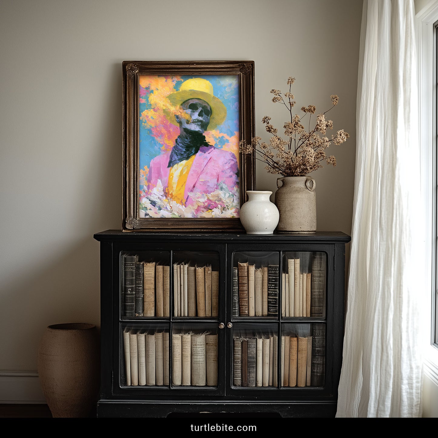 Día de los Muertos inspired colorful skull poster – expressive brushwork, dark aesthetic decor
