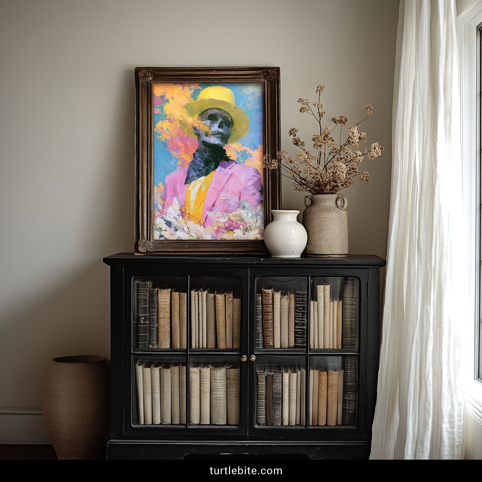 Día de los Muertos inspired colorful skull poster – expressive brushwork, dark aesthetic decor