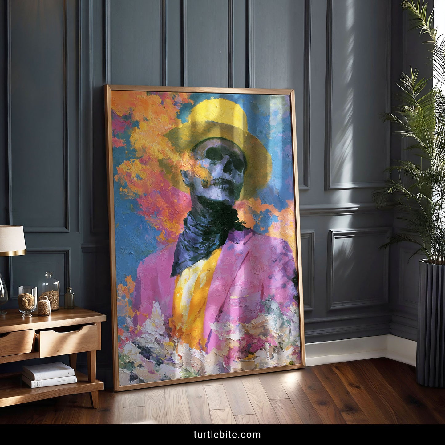 Día de los Muertos inspired colorful skull poster – expressive brushwork, dark aesthetic decor