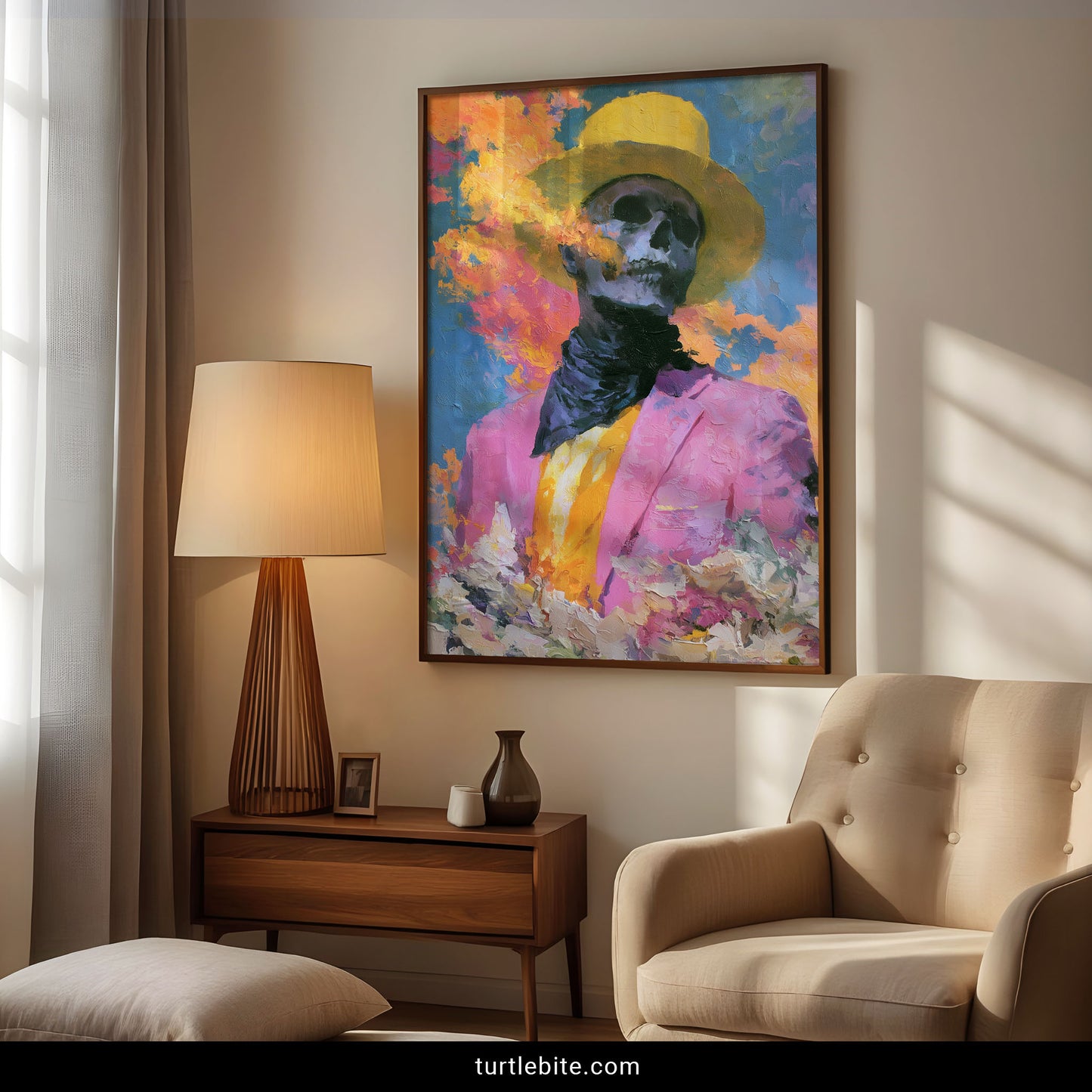 Macabre wall art print – stylish skeleton in pink blazer surrounded by impressionistic flowers