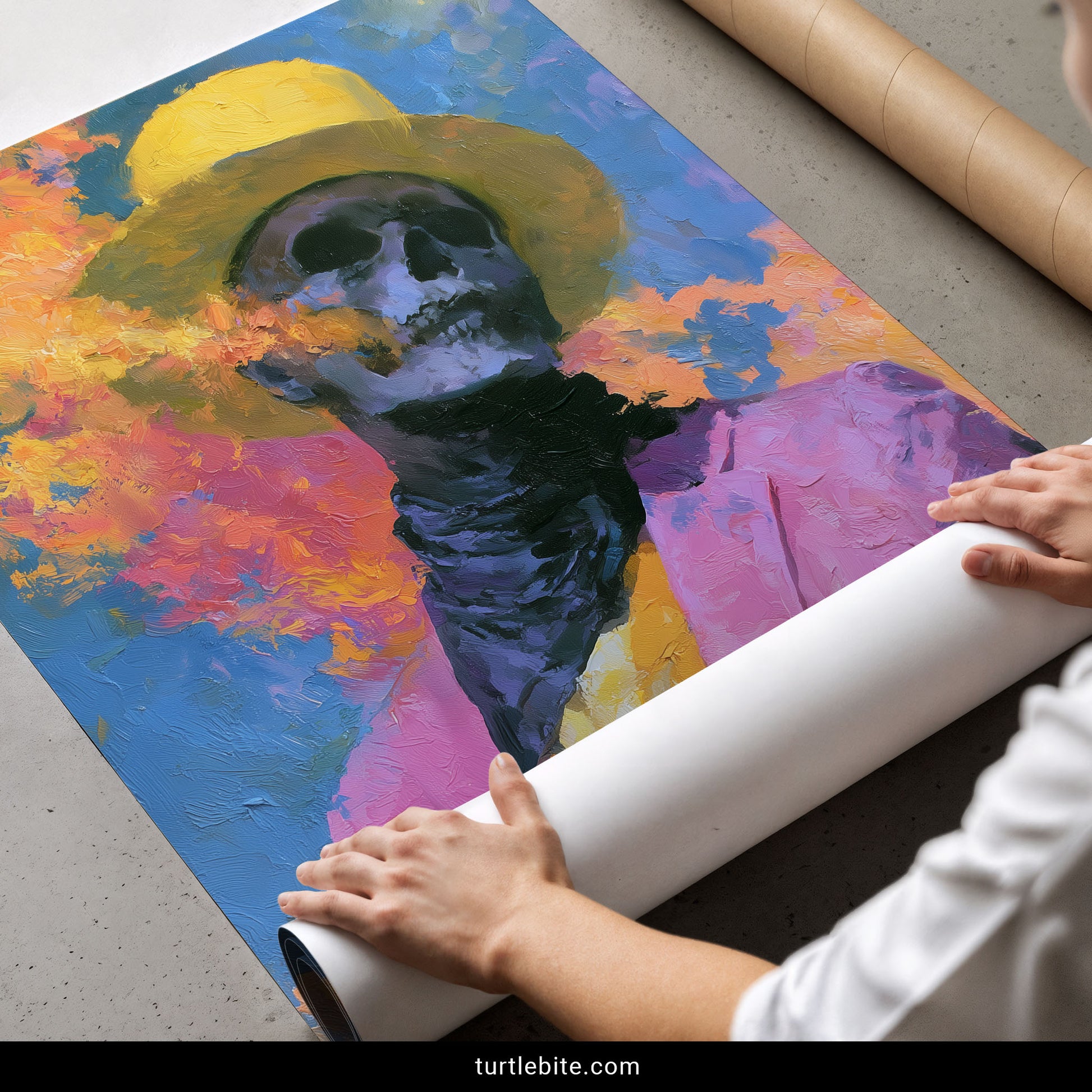 Macabre wall art print – stylish skeleton in pink blazer surrounded by impressionistic flowers