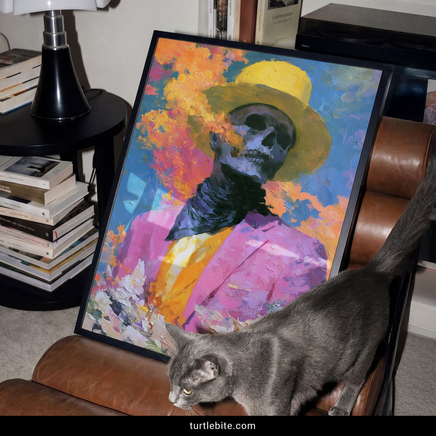 Dark humor wall art – well-dressed skeleton with top hat in vibrant oil painting style