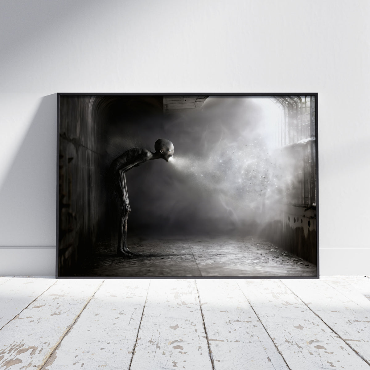 Creepy creature art poster of a gaunt gray figure exhaling light in an abandoned hallway