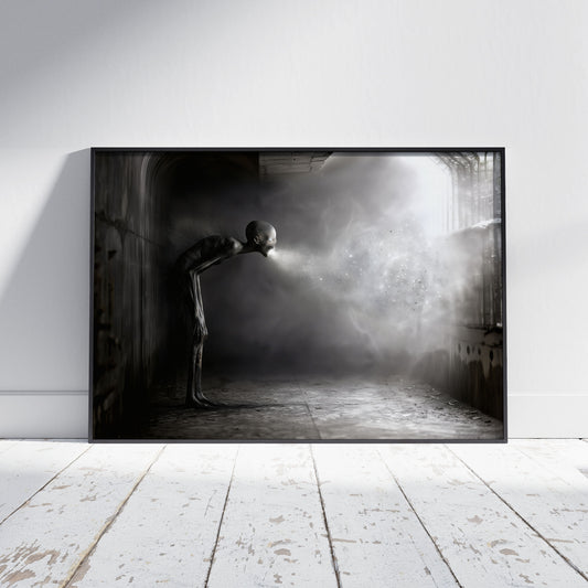 Creepy creature art poster of a gaunt gray figure exhaling light in an abandoned hallway