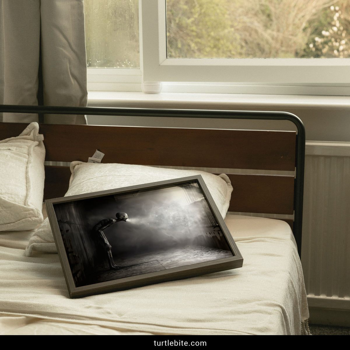 Grayscale horror wall art showing a bent, elongated creature breathing out stardust