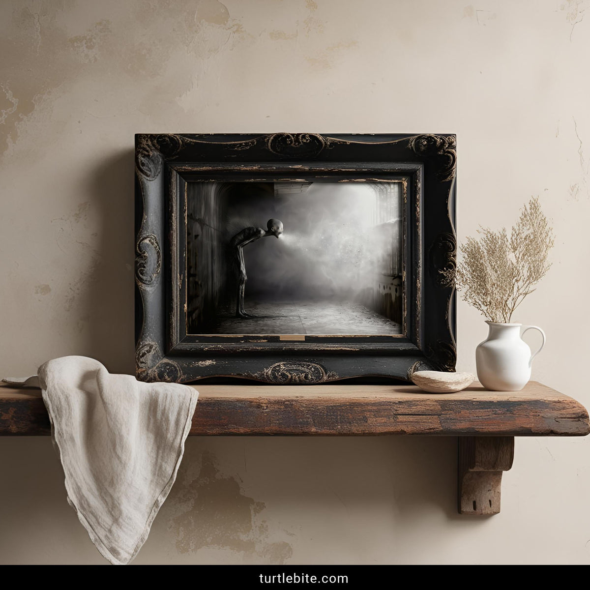 Close-up of the glowing eyes on this eerie humanoid figure in a decaying hallway print