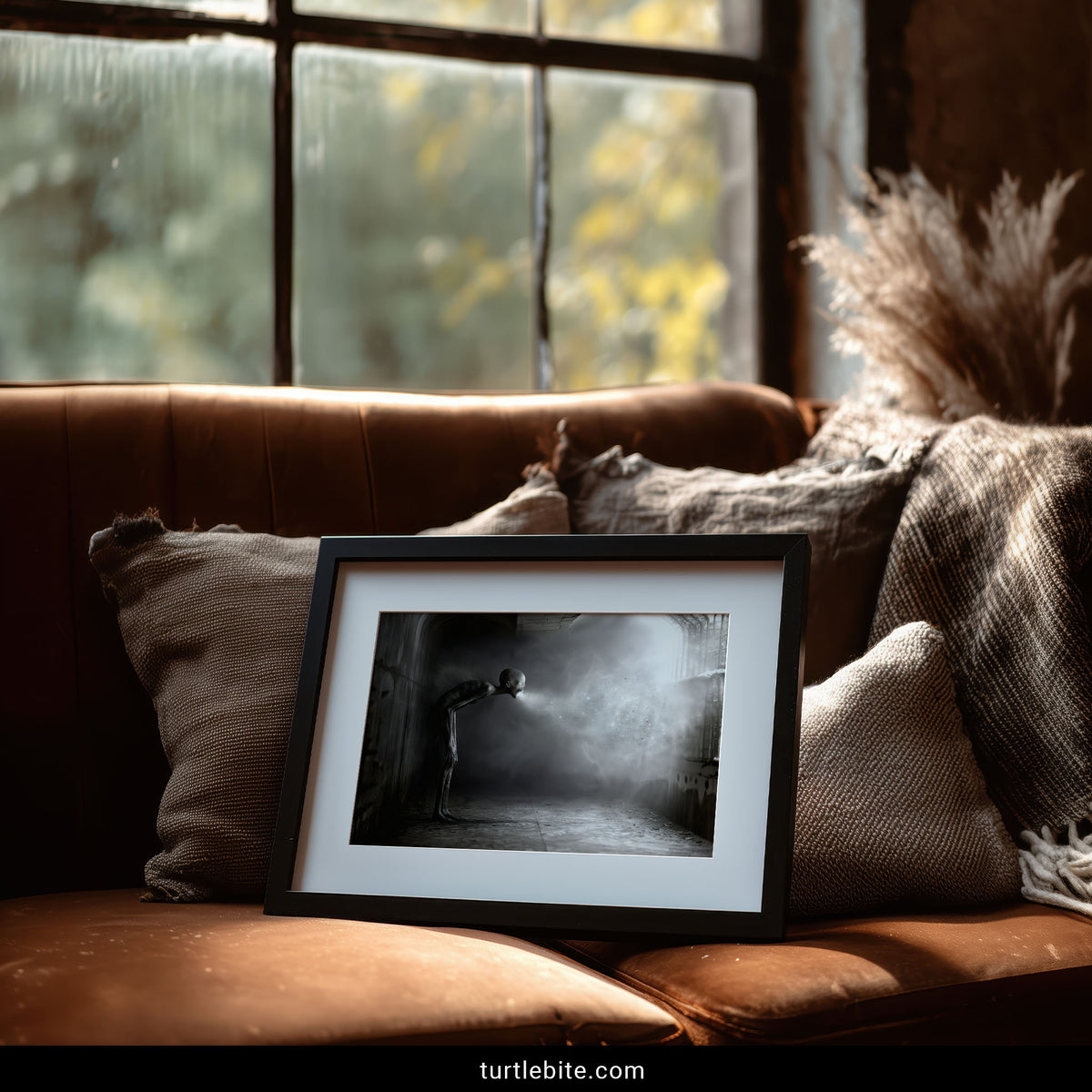 Creepy creature art print mockup framed in a dim, gothic-styled reading room