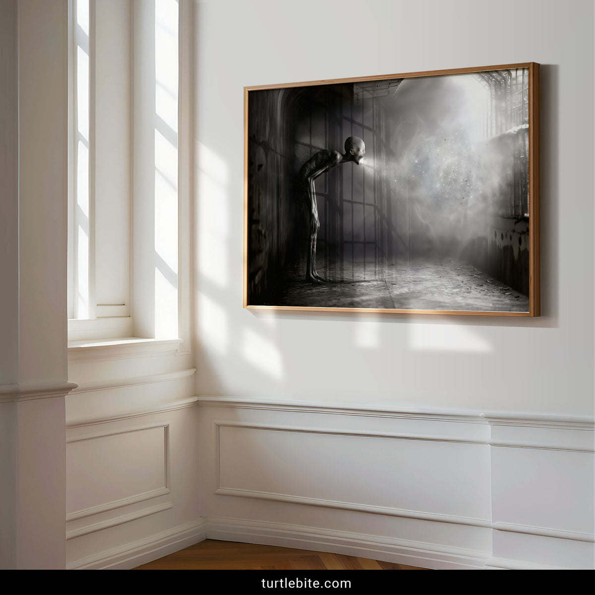 Creepy creature art print mockup framed in a dim, gothic-styled reading room