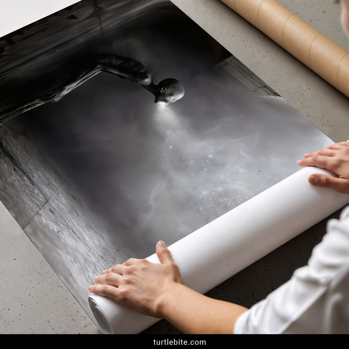 A person unrolls a large photographic wall art print showing a dark, moody interior scene with a curved black object and gray-white haze. The print is being held open on a concrete floor, with a brown cardboard mailing tube visible in the background.
