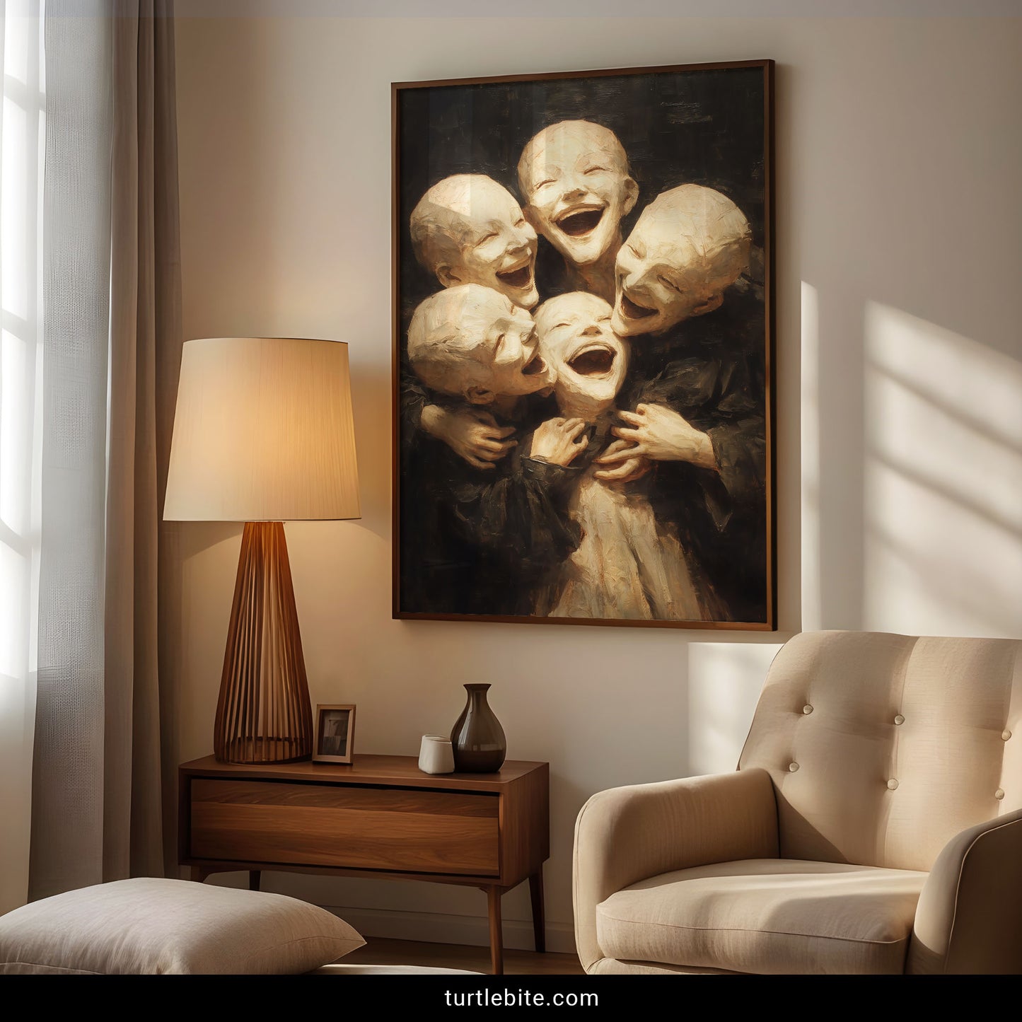 Surreal creepy poster showing haunting children's faces in baroque-inspired painting style