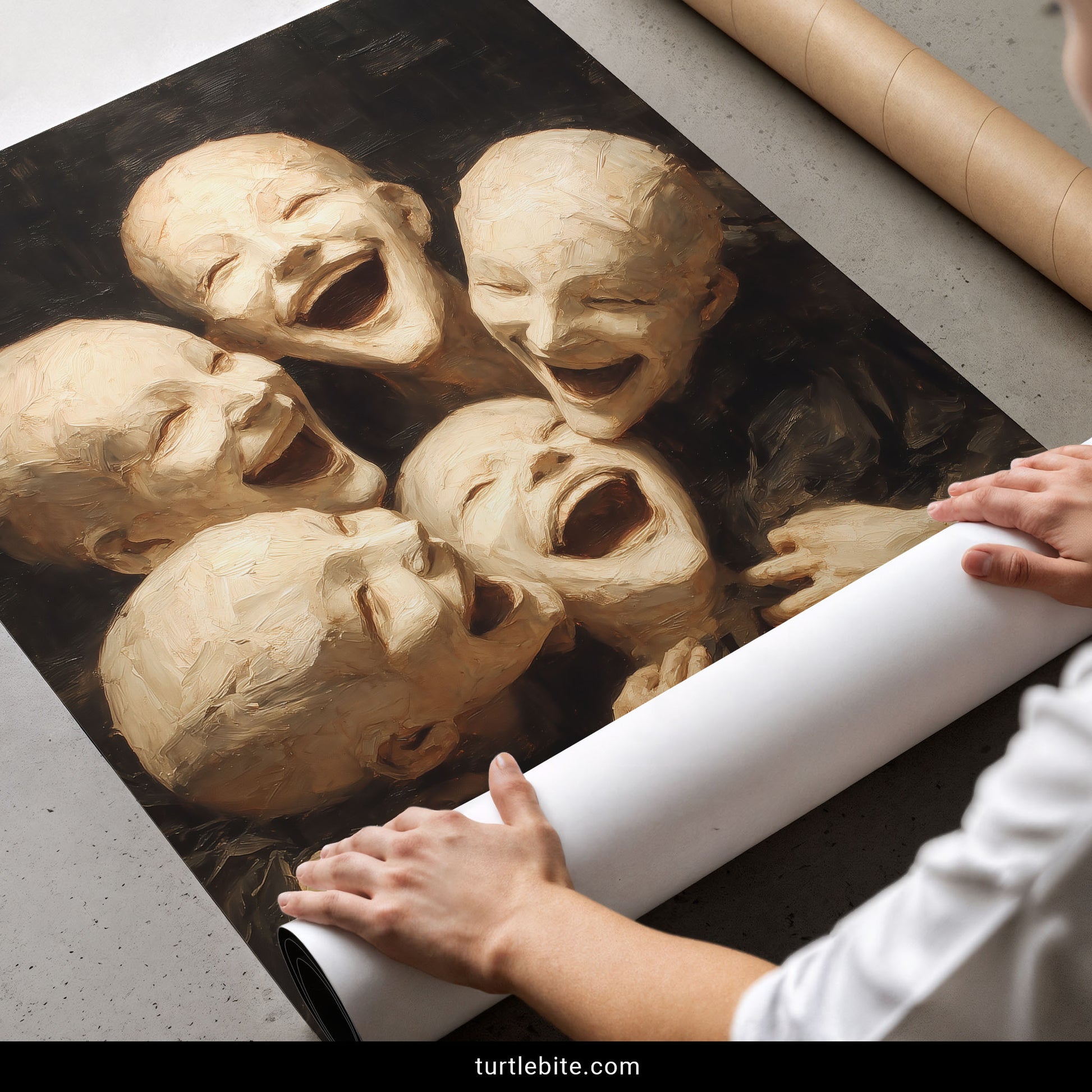 Dark art print with bizarre laughing children creating unsettling yet beautiful wall decor
