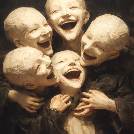 Creepy cute children art print with four laughing pale faces in dark surreal painting style