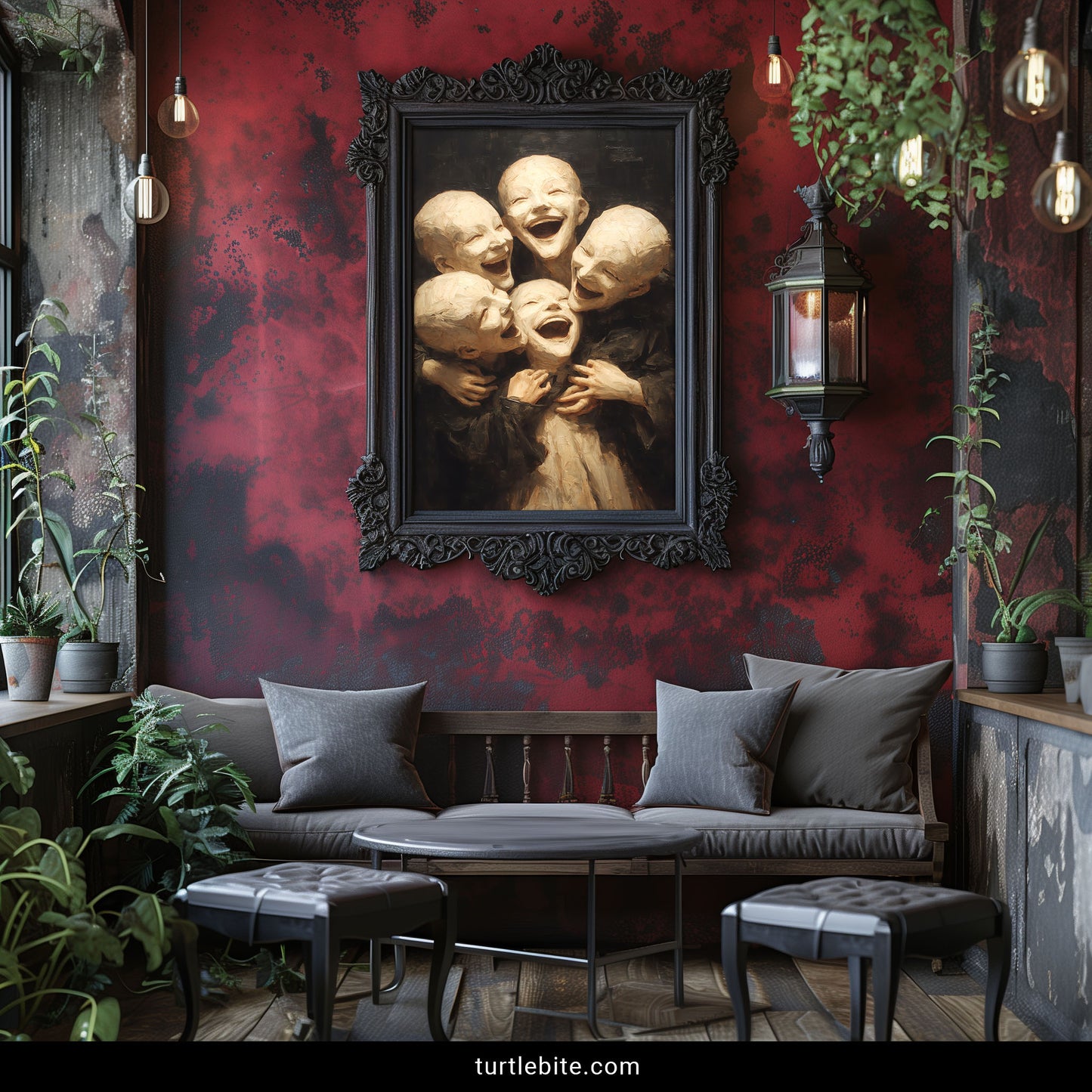 Macabre wall art depicting eerie children in sepia tones with psychological horror aesthetic