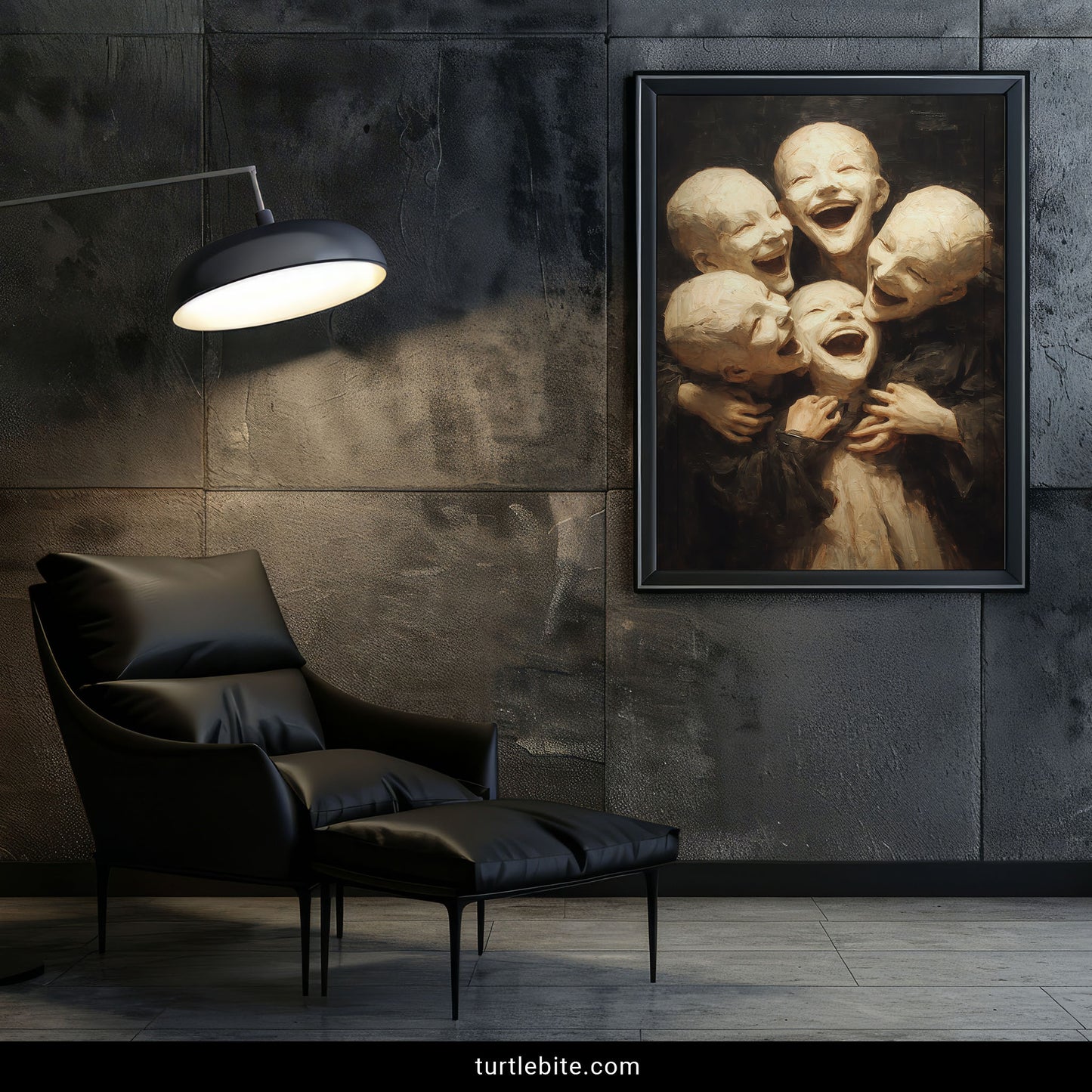 Dark art print with bizarre laughing children creating unsettling yet beautiful wall decor
