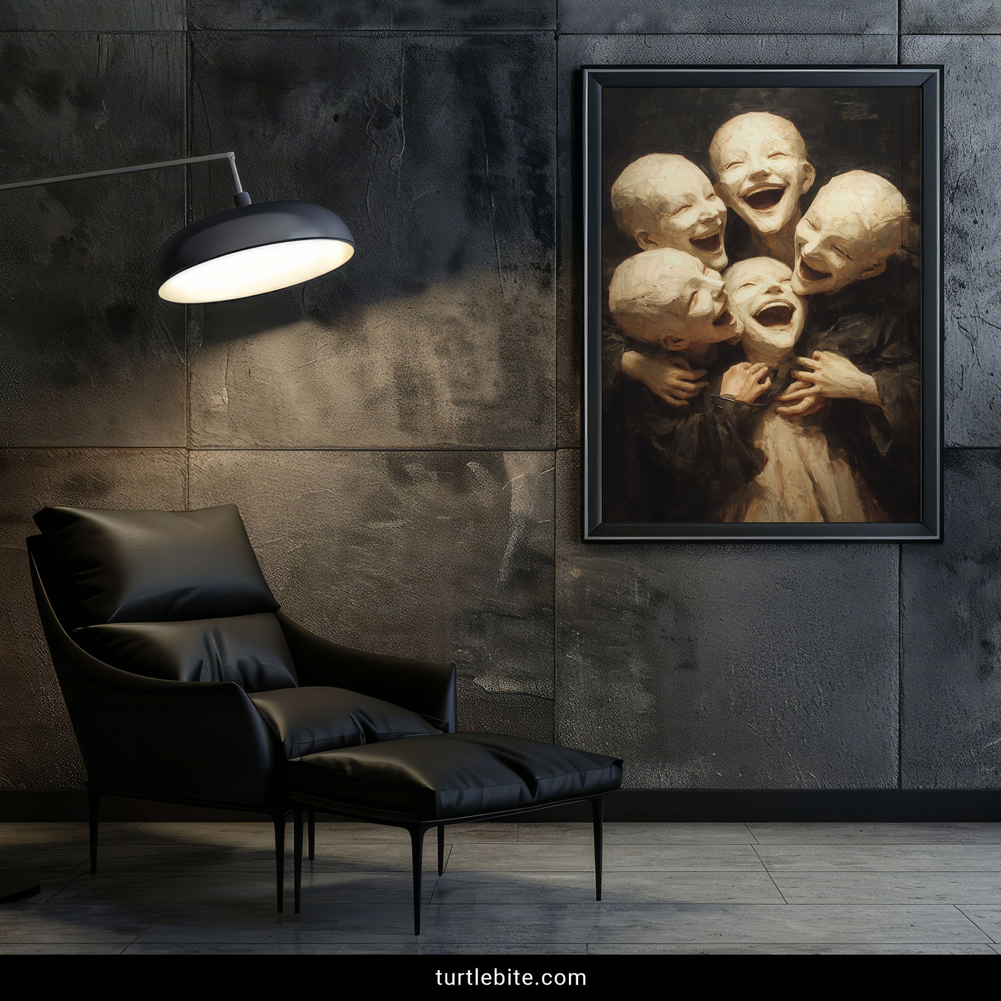 Dark art print with bizarre laughing children creating unsettling yet beautiful wall decor