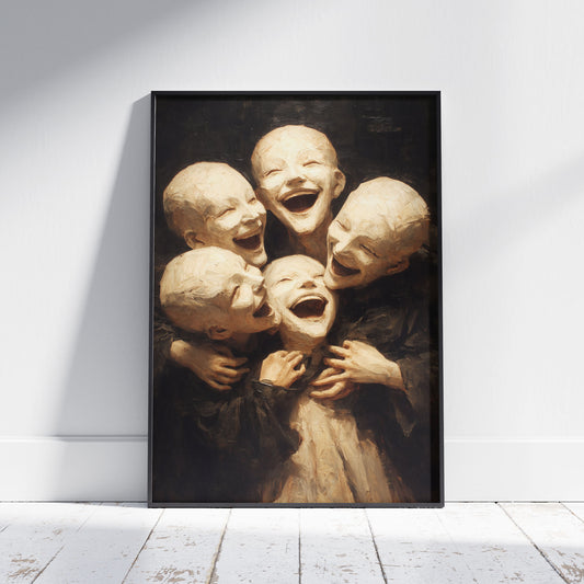 Creepy cute children art print with four laughing pale faces in dark surreal painting style