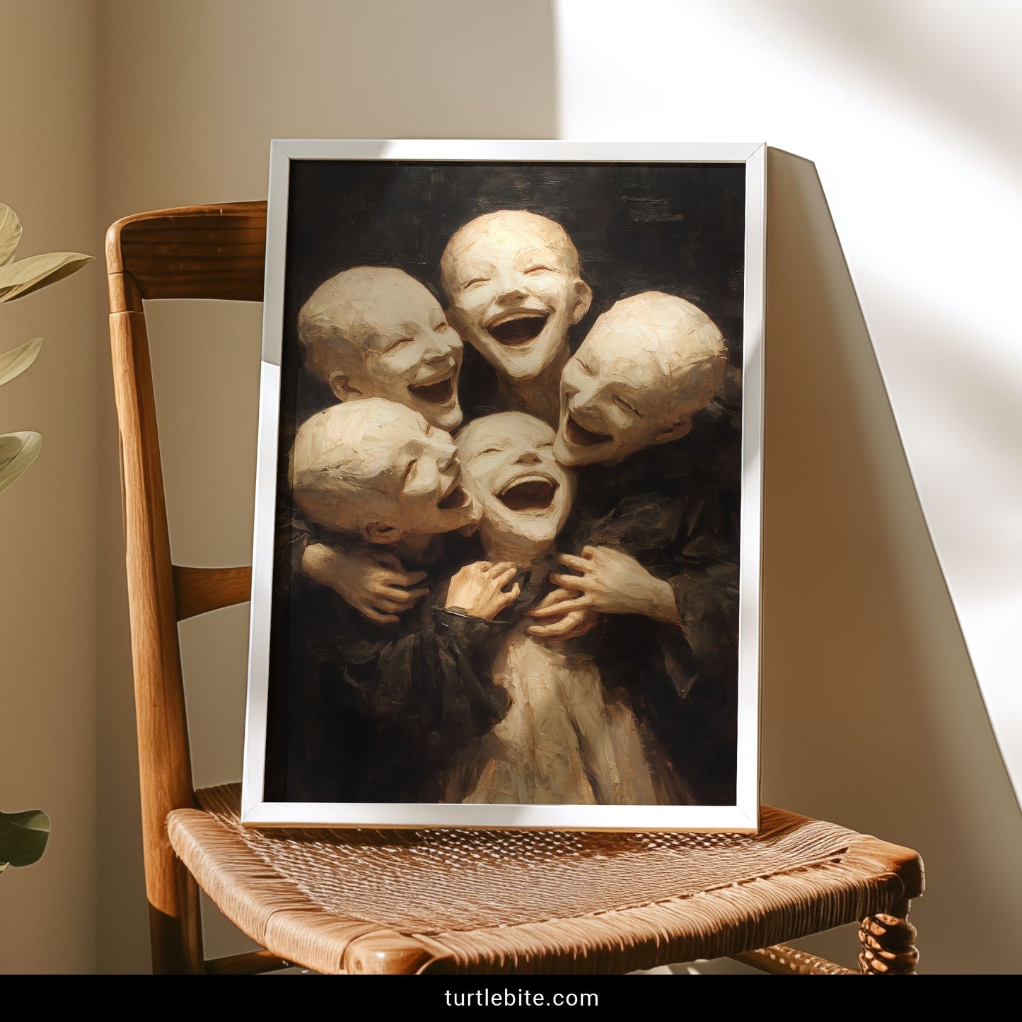 Macabre wall art depicting eerie children in sepia tones with psychological horror aesthetic