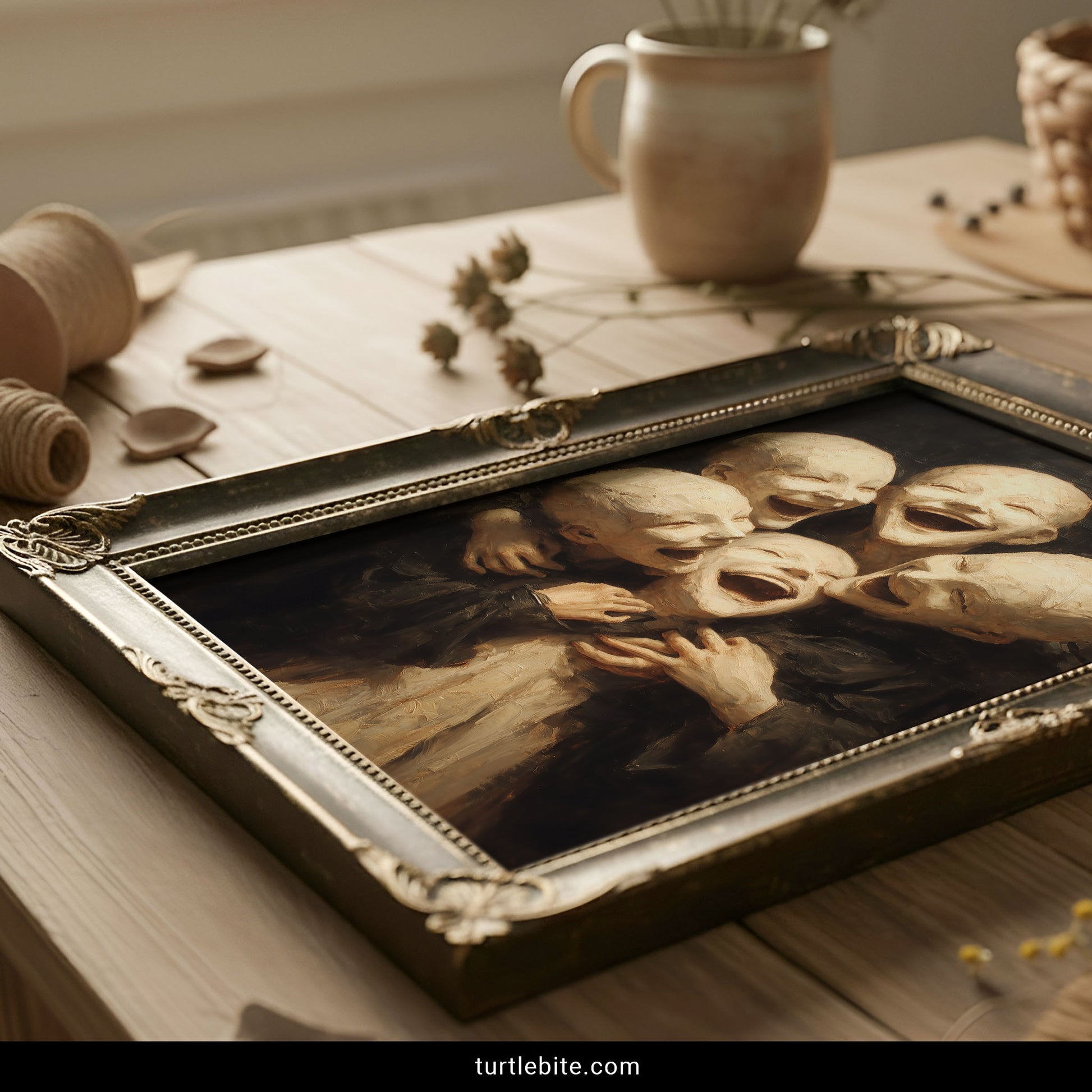 Framed artwork on a wooden table with a cup and decorative items.