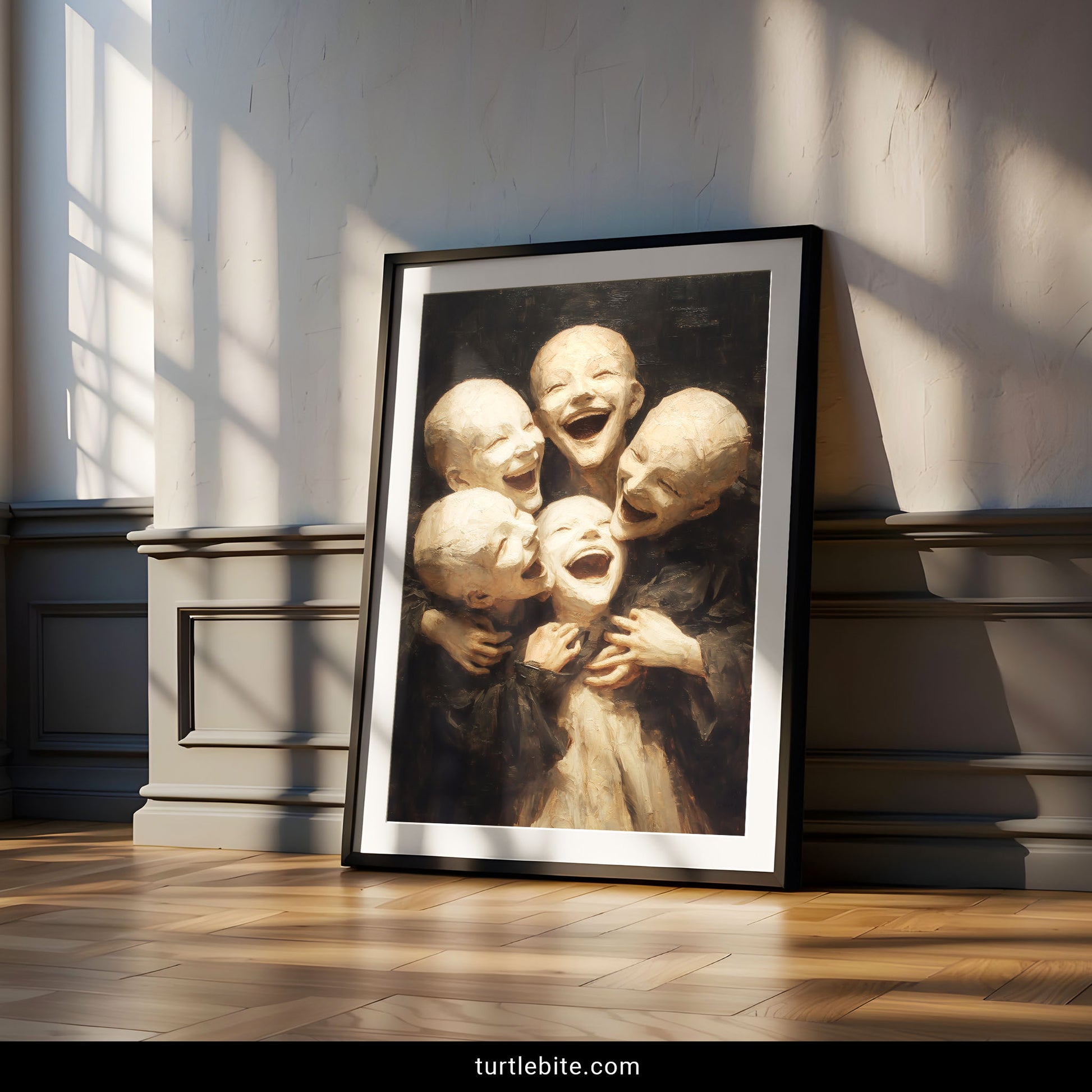 Dark art print with bizarre laughing children creating unsettling yet beautiful wall decor